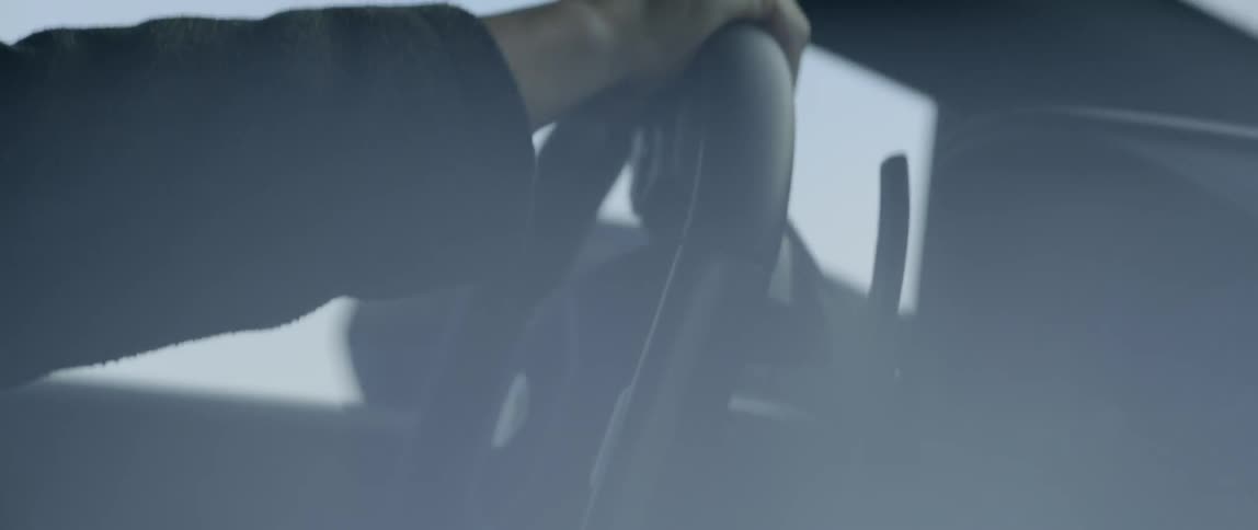 A person steers a car