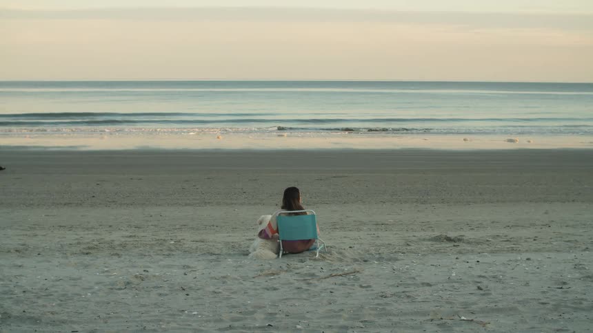 A woman sits on the beach petting her dog