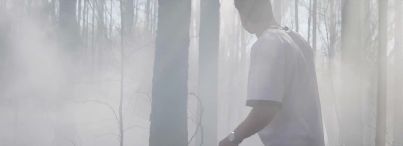 A man is stumbling through a smoky forest