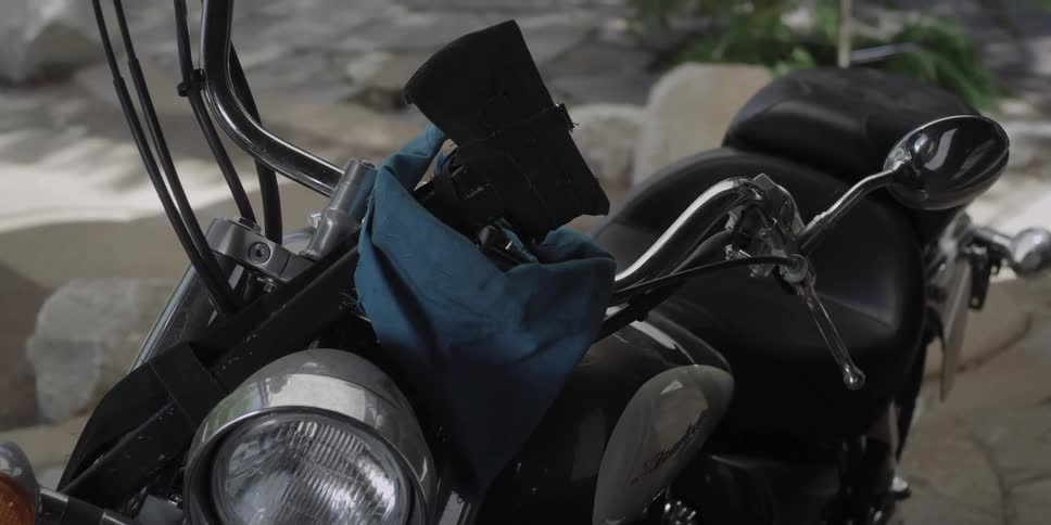A motorcycle with rocks and plants in the background