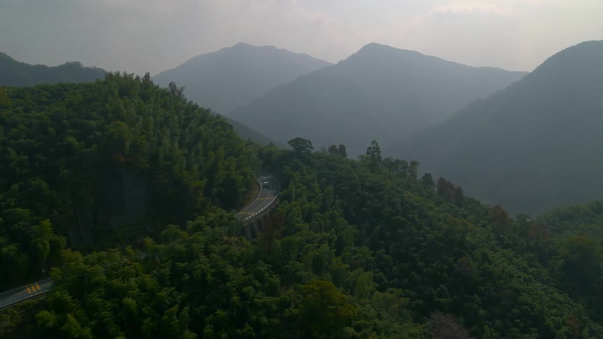 A white van travels on a forested mountain road with a mountain range in the distance