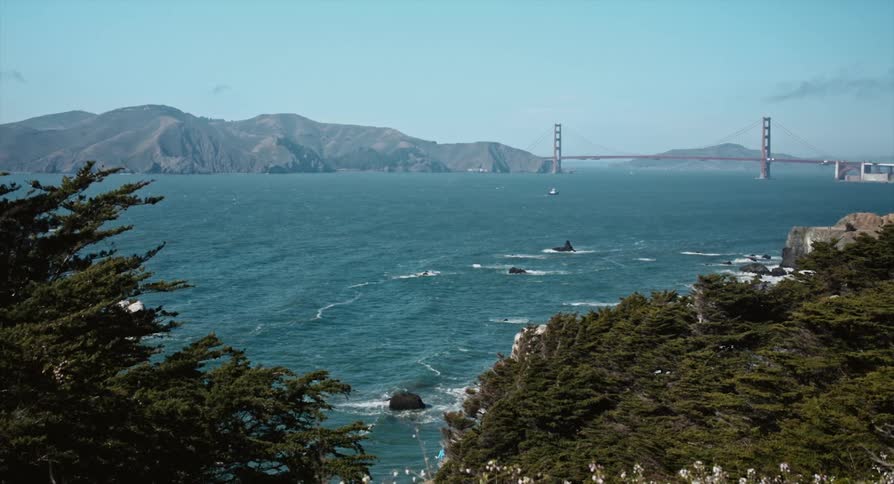 Waves roll against the cliffs near a large bridge