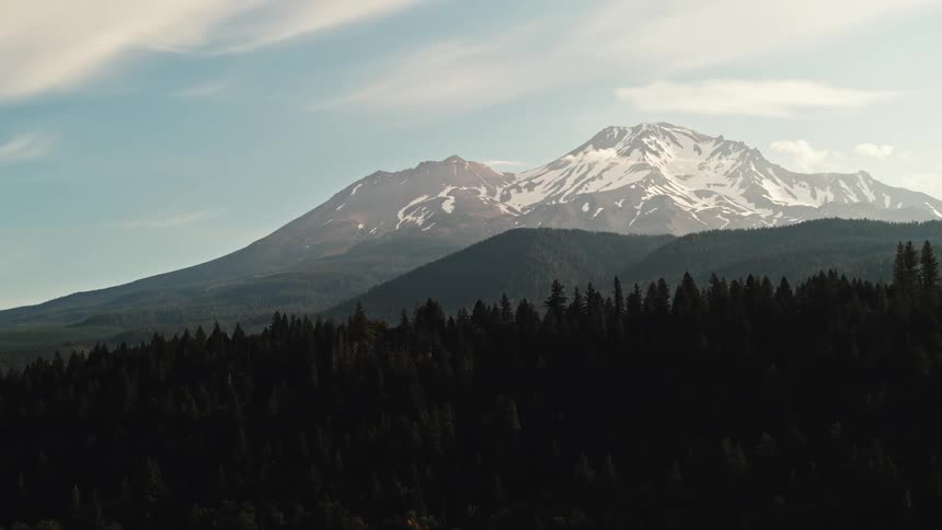 A forest with trees with a mountain range the sky and clouds in the background