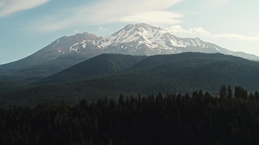 A dense forest sits below snow capped mountains