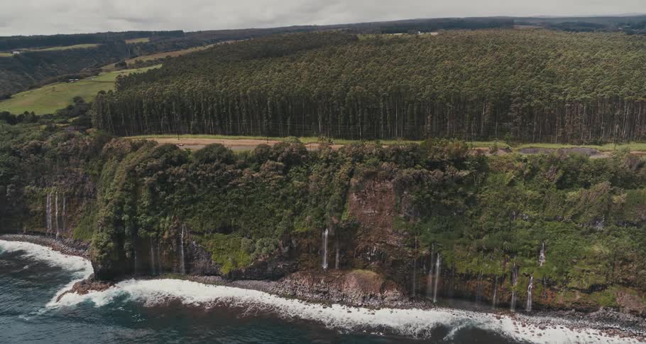 Waterfalls pouring out the face of a cliff on the coast near the ocean