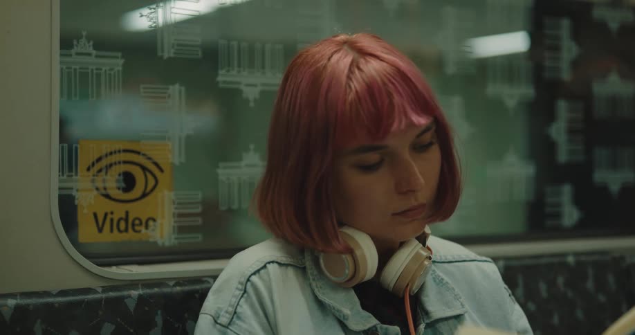 A woman is sitting inside a public building reading a book