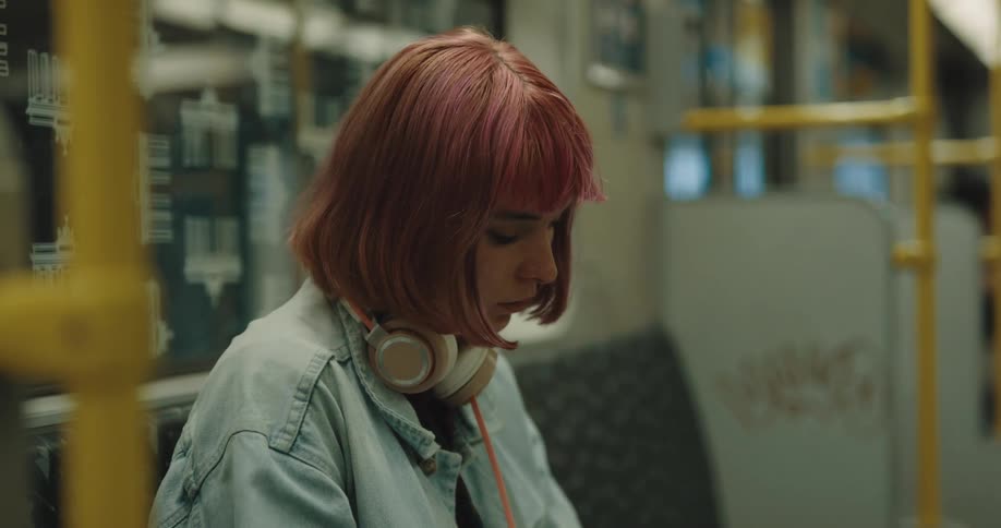 Young woman with short pink hair reading a book while traveling on a train