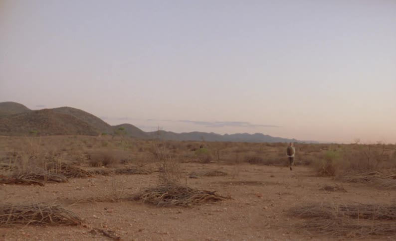 A man walks through a barren desert