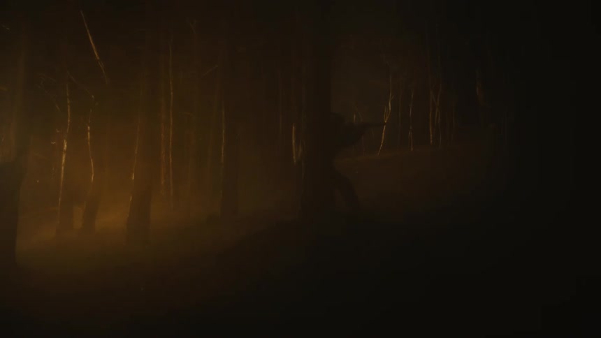 Soldiers march through the forest at night
