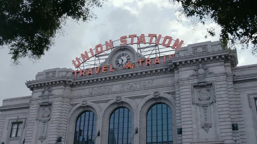 A view of union station a landmark train station on a cloudy and breezy day