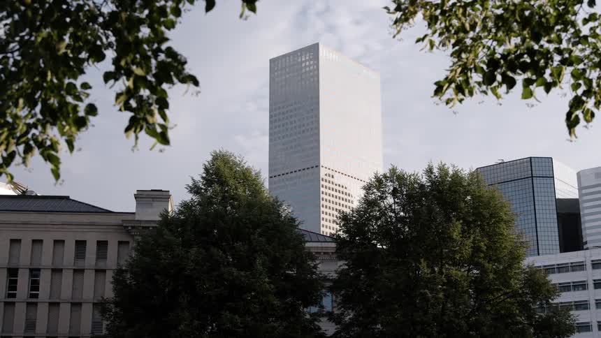 Tall city buildings are seen through bushes and tree branches
