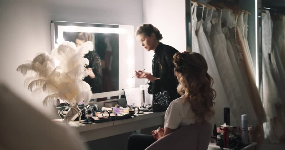 A woman putting makeup on another person