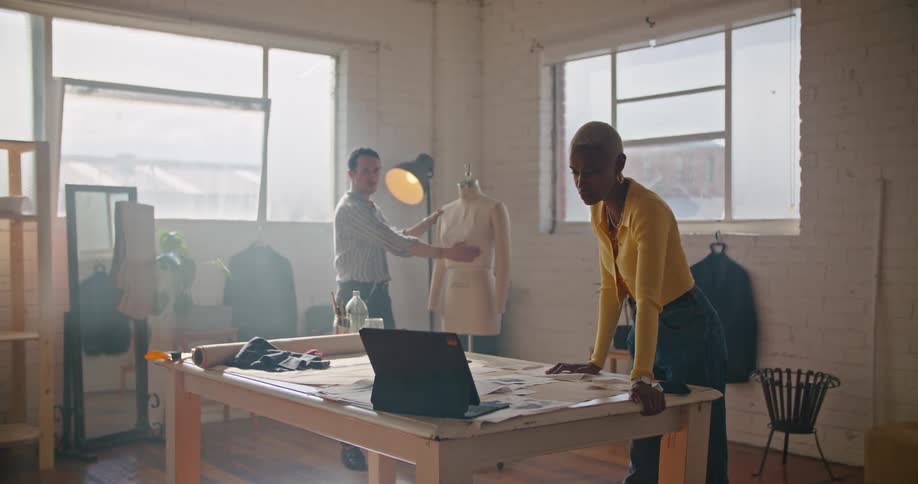 Man and woman talk while woman consults papers and screen and man works on dress on mannequin
