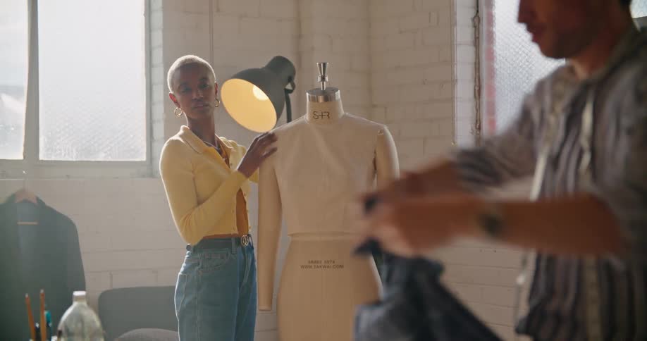 Male and female fashion designers make clothes on mannequin in dressmaker workshop