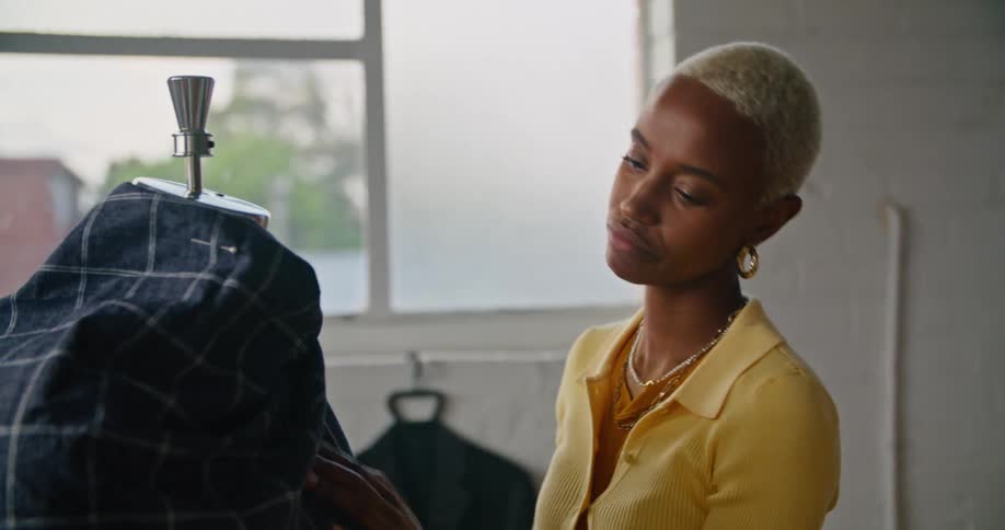 A tailor is looking at fabric on a mannequin