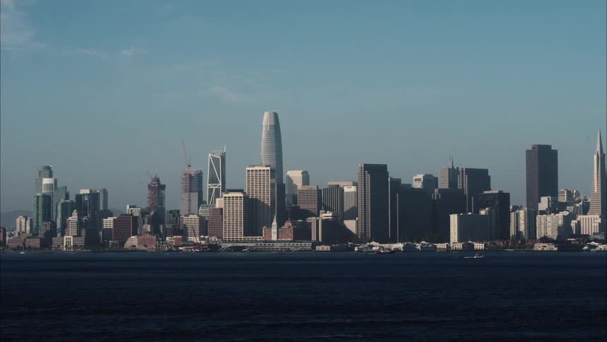 A city skyline on the shore
