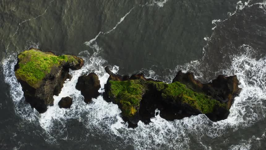 Dozens of birds fly over cliffs in the ocean