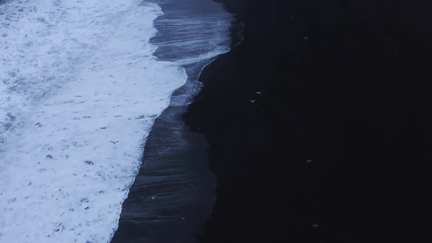 A beach with water waves and sand with birds flying in the air