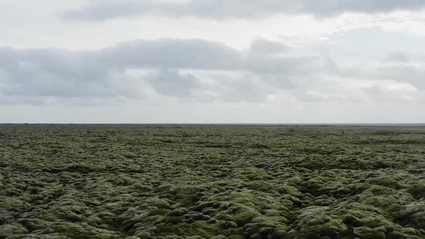 Aerial view of a field of grass mounds under the clouds