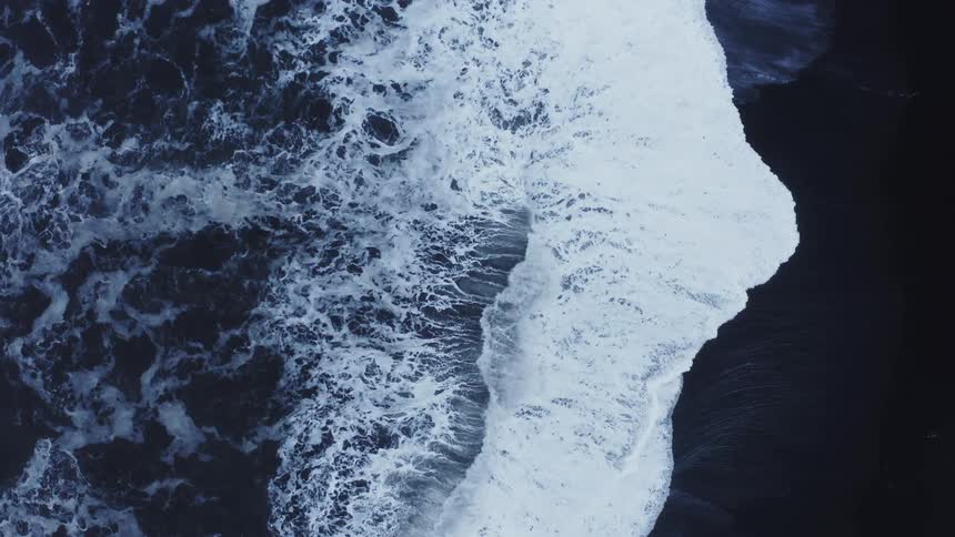 An aerial view of ocean waves crashing on to the shore as a bird flies overhead