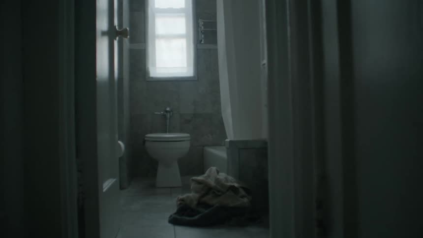 White ceramic toilet inside a dimly lit bathroom at home