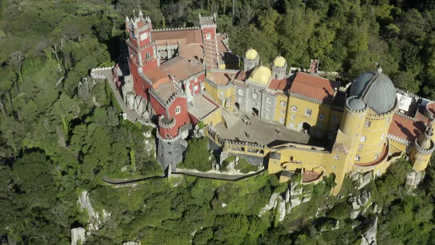 Aerial view of a castle on top of a mountain surrounded by trees