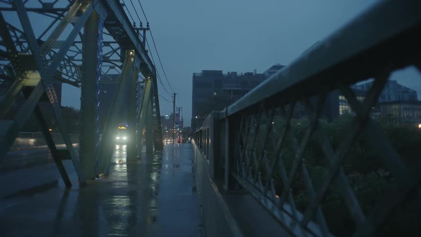 A traffic bridge in a city in the evening