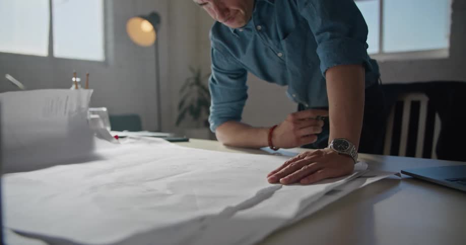 Man with blue shirt and dark blue pants works on business papers leaning on desk in the office