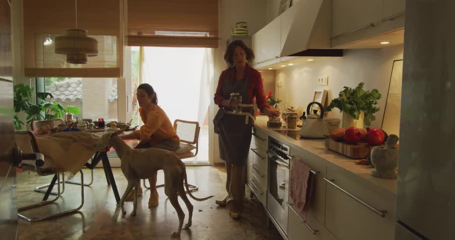 Two women talk and eat in the kitchen and a dog walks in