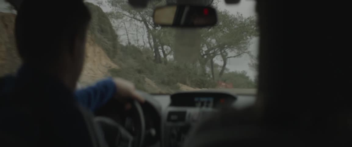 People driving in a car near a scrubby hill