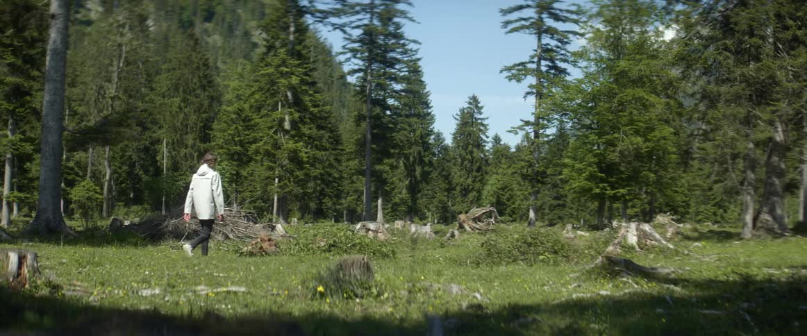Man wearing jacket with hood walks across clearing in conifer forest near mountain under lightly cloudy blue sky
