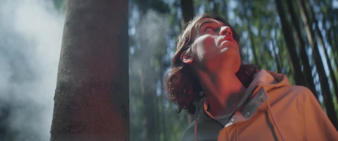 A teenage boy walking in a forest looks around as smoke fills the air