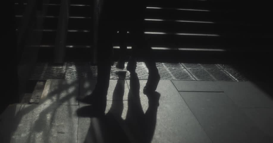 Shadows are on the sidewalk of walking pedestrians