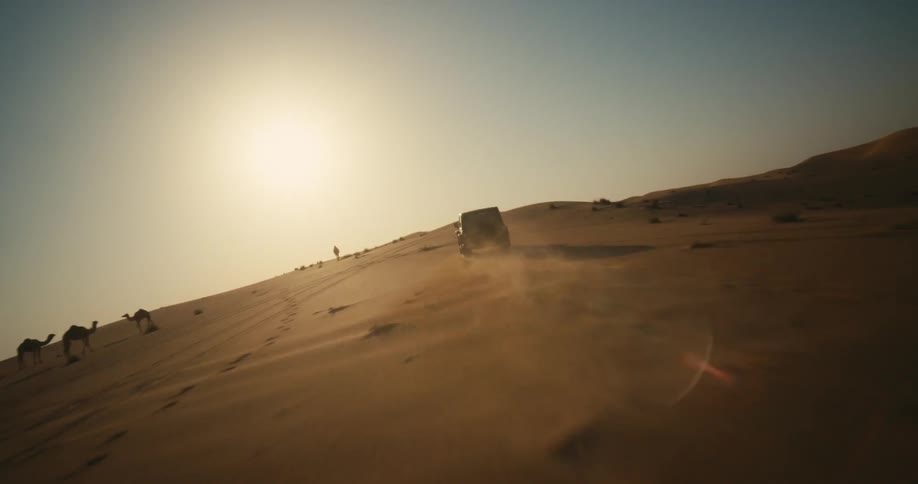 Camels are standing on a desert ridge as a truck drives past them as the sun shines brightly upon them