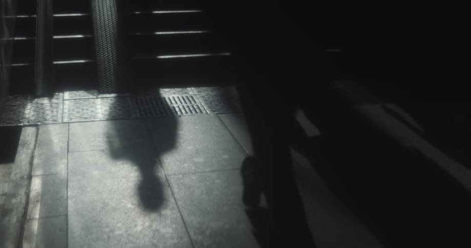 People walking through a building with their shadows on the floor