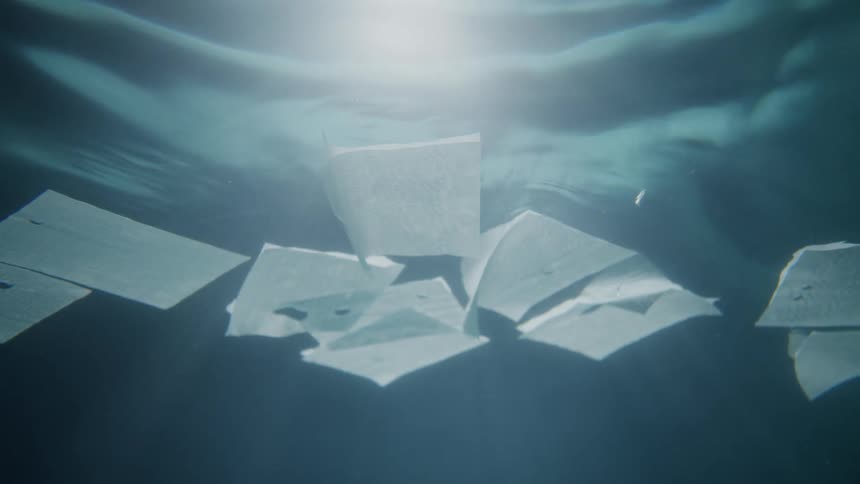 Papers float on water as the shines bright