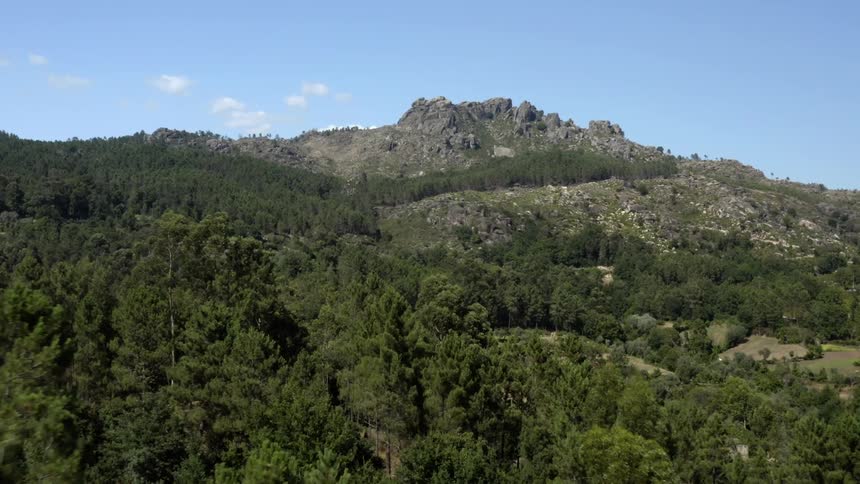 Mountain forests and a rocky mountain ridge high in the sky with a few clouds