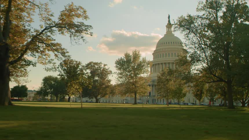 Trees in the lawn of the united states capitol building with the building in the distance
