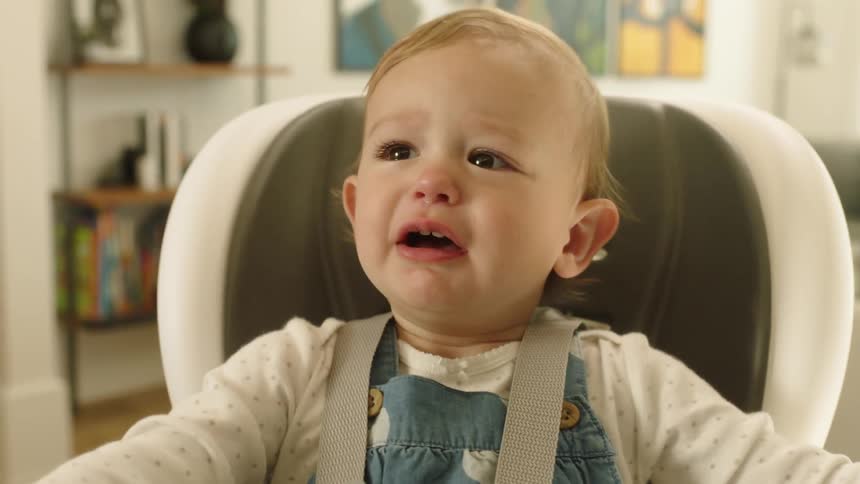 Blonde toddler sitting on a baby car chair at home crying