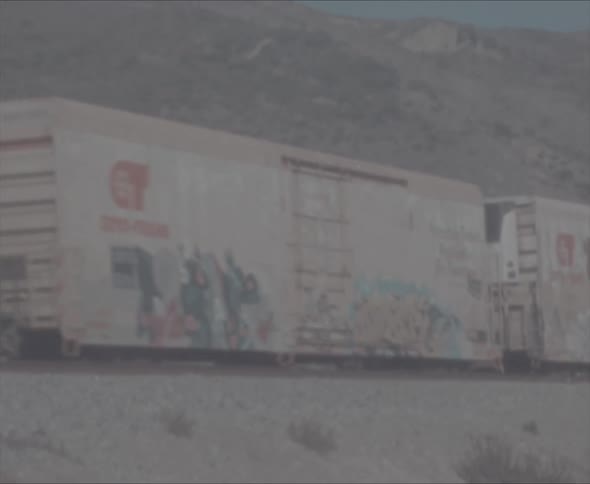 A cargo train is passing by on tracks elevated above a nearby road during the day