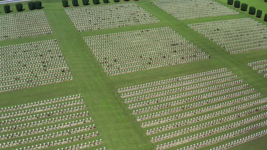 Aerial view of rows of white crosses over the green grass in a cemetery