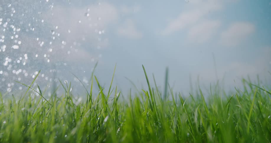 An indoor depiction of rain falling onto grass with clouds in the background