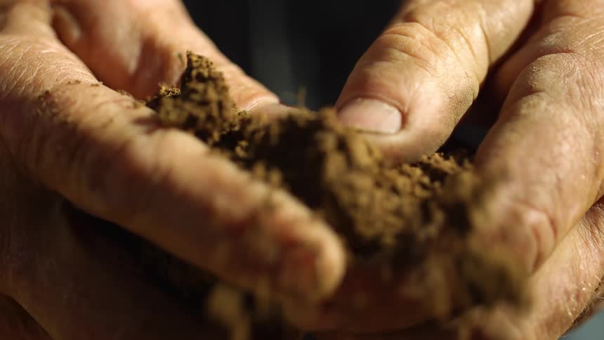 A close view of a mans hands holding a crushing soil between his fingers while outdoors in the daytime