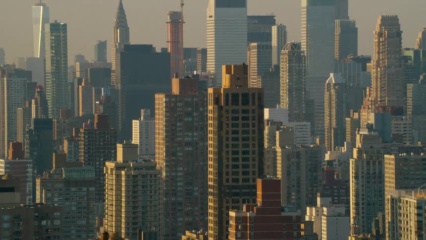 Towers and skyscrapers in new york city on a hazy day