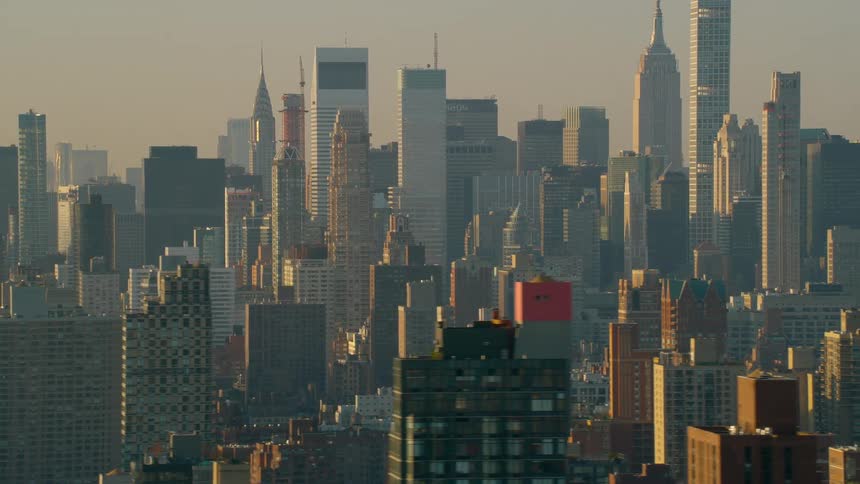 Aerial view of new york city skyline at sunset