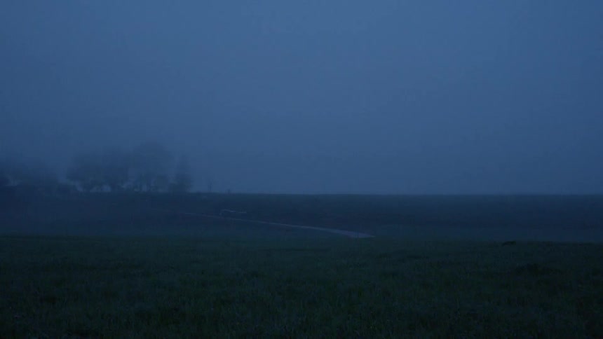 Raining hard on a grass covered field and a walkway with trees in the distance