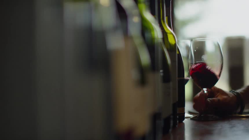 A person shakes their wine glass stirring their wine
