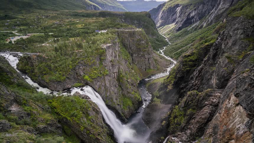 Time lapse of a waterfall and river on the canyon in the mountains