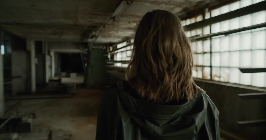 A person with a jacket walking in an abandoned warehouse with pillars a wall and windows in the background