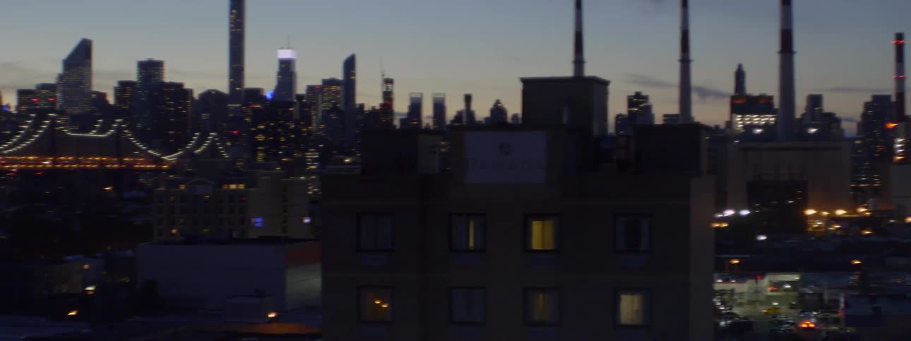 Aerial view of a city at dawn